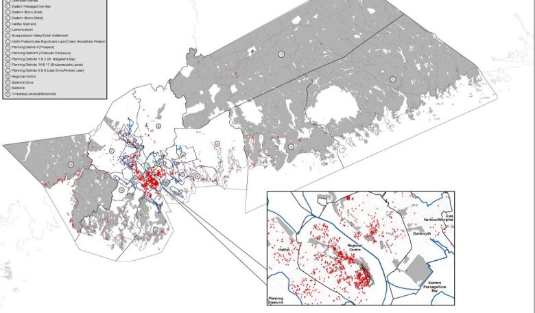 A map shows the location of short-term rentals in the Halifax area through red dots. Most are clustered in the regional centre of the city, with some appearing along the Eastern Shore.