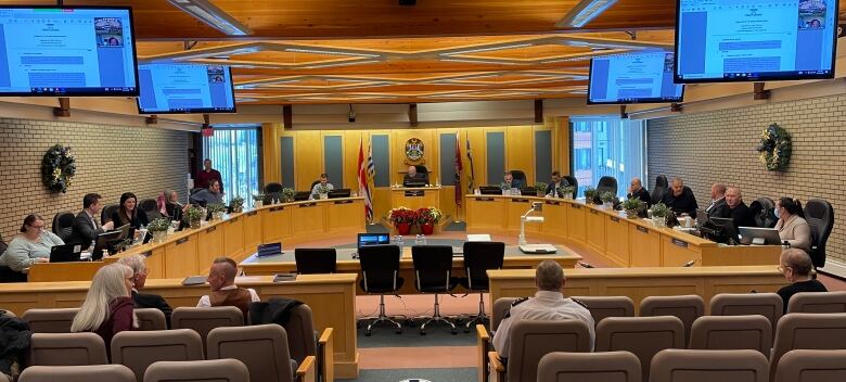 Council chambers for the city of Prince George. Multiple poeple are seated behind a horseshoe-shaped podium while others watch from a gallery.