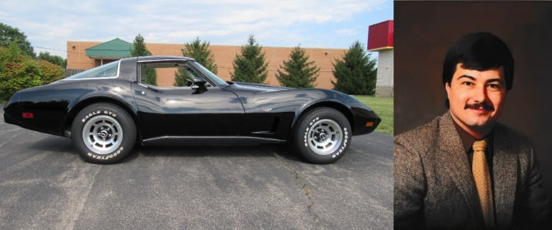 A collage of black Chevrolet Corvette and a portrait of a smiling man.