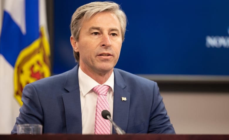 Premier Tim Houston of Nova Scotia is shown at a press conference.