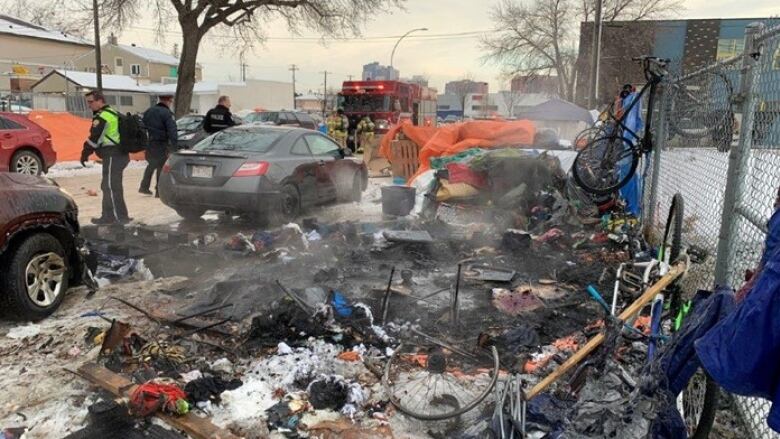 Edmonton police distributed this photograph Thursday showing the aftermath of an encampment fire at 105A Avenue and 96th Street on Dec. 13.