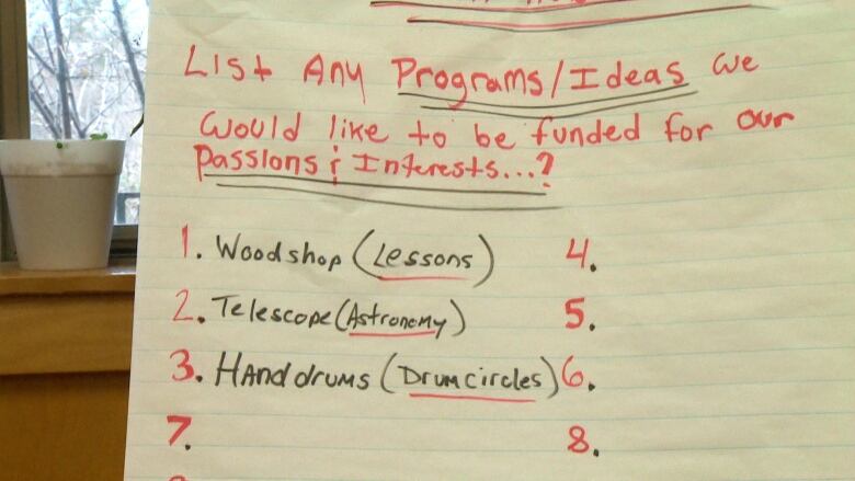 A large piece of paper lists the interests and passions residents would like to explore, including astronomy, wood shop classes, and drum circles. 