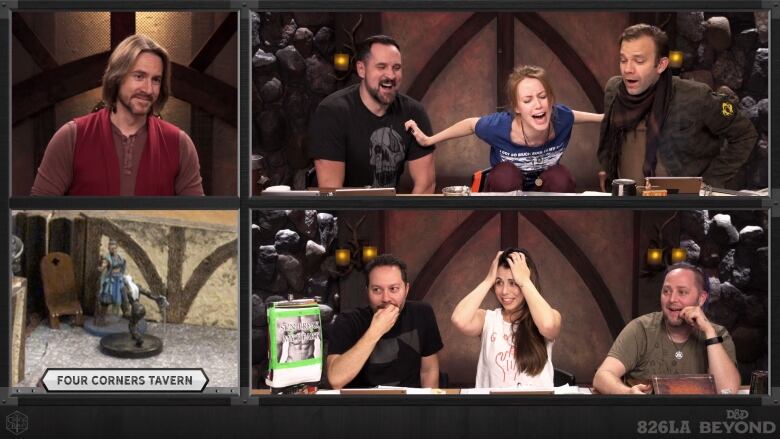 A screen shot of a Critical Role episode shows seven cast members reacting to combat in a game of Dungeons and Dragons. 