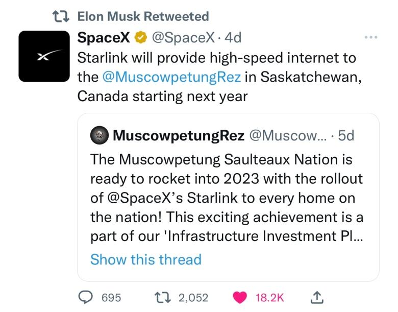 When SpaceX announced on the twitter page of the project with Muscowpetung Saulteaux nation, Elon Musk retweeted the news.