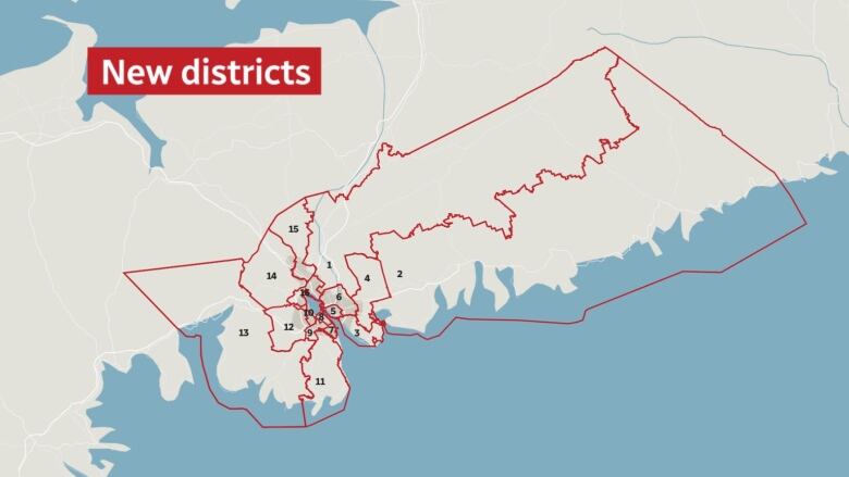 A map has outlined new districts in red lines, with numbers from 1-16 showing district locations.