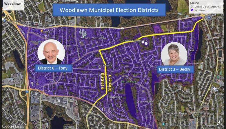 An illustration shows the highlighted purple suburb of Woodlawn with the faces of two councillors on either side of a yellow line, dividing the area.