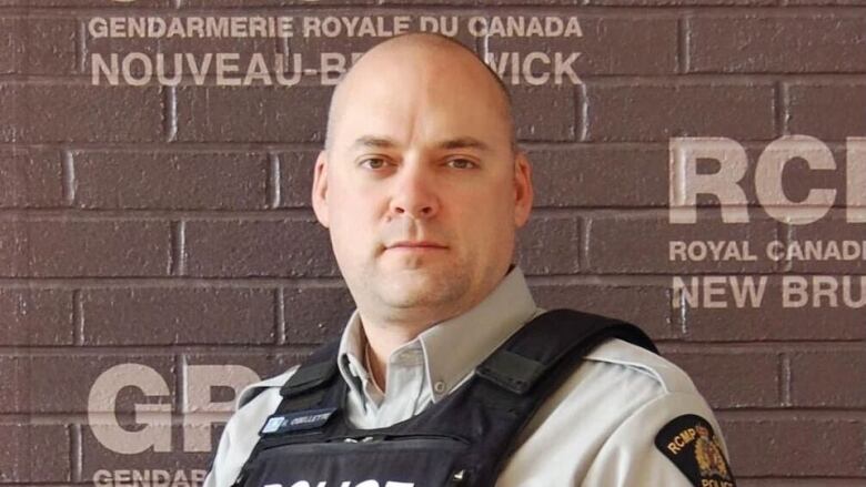 A portrait of a police officer wearing a bullet-proof vest, standing in front of a wall painted with RCMP logos.