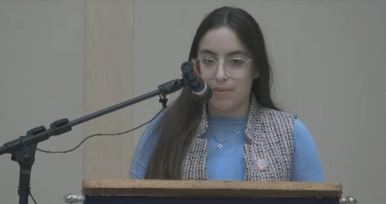 Deena Friedman, a Grade 12 student, speaks at the Ottawa-Carleton District School Board meeting on Dec. 20, 2022 about the issue of antisemitism in schools and called on the board to take steps to stop it. 