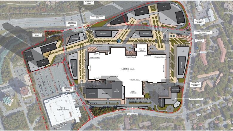 A rendering of the future M District lands shows a map with the mall in the centre, surrounded by buildings in different colours.