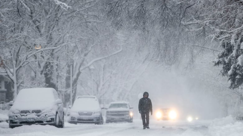 A person walks down a street during a snowstorm.