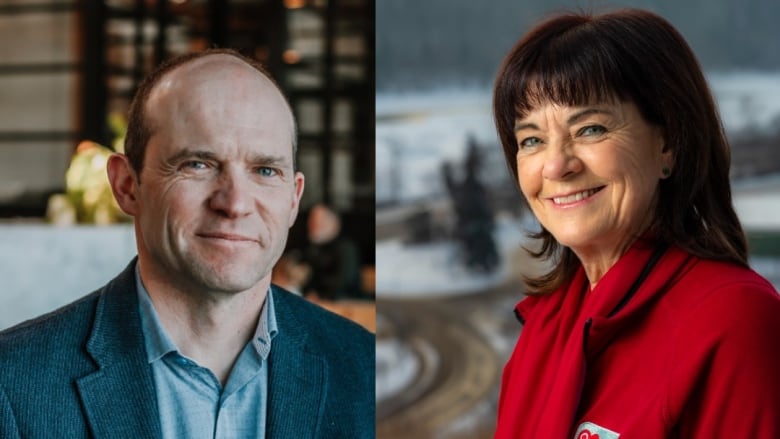 Side by side portraits of a man wearing a grey jacket and a woman wearing a red coat.