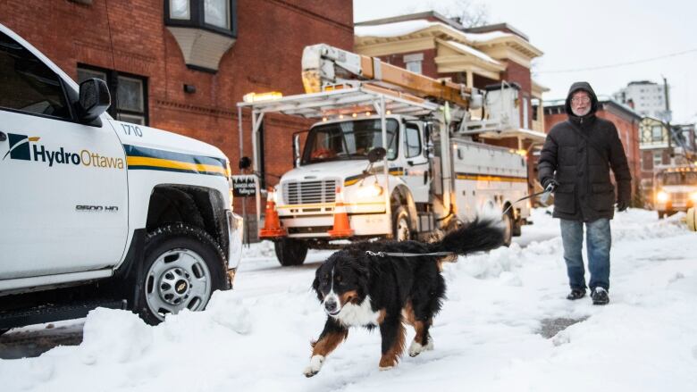 A man walks a dog on a snowy road by hydro equipment.