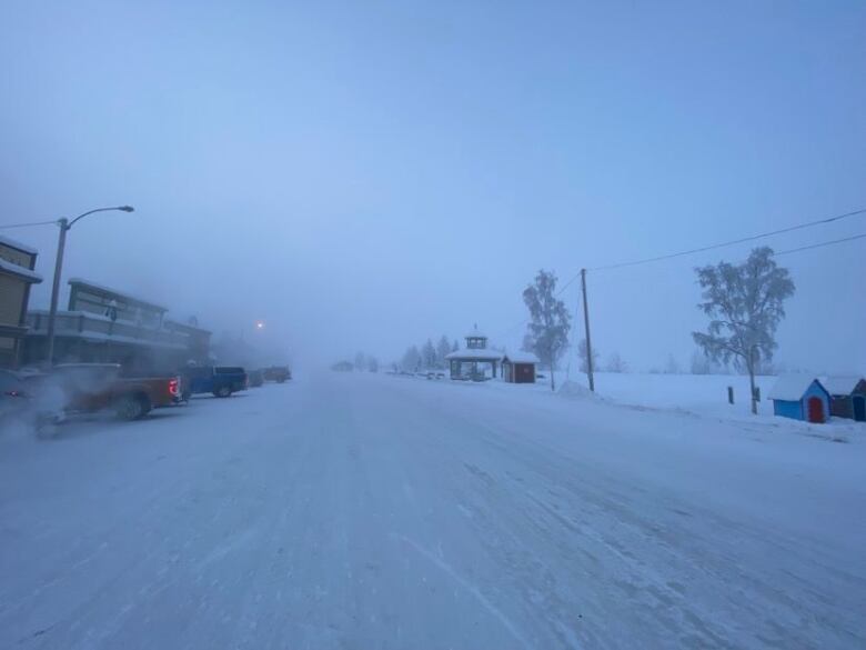 A view up a quiet and snowy street, with a few cars and building visible through an icy fog.