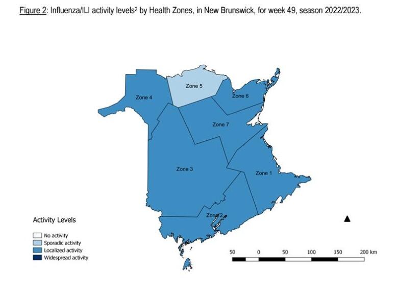 A drawing showing the map of New Brunswick separated into five health regional zones.