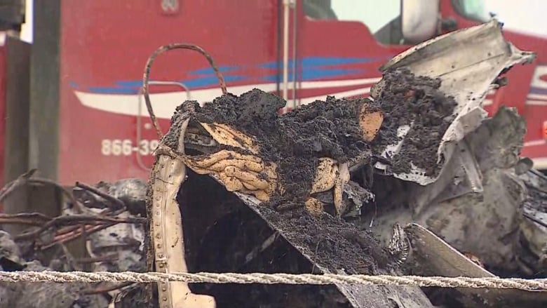 Debris from a fire caused by a multi-vehicle collision on Highway 2 north of Airdrie Tuesday evening.