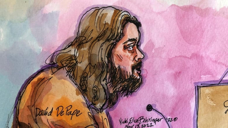 An artist's rendition of a long-haired suspect with a beard wearing an orange jumpsuit. 