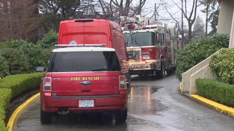 A queue of fire trucks on a rainy day.