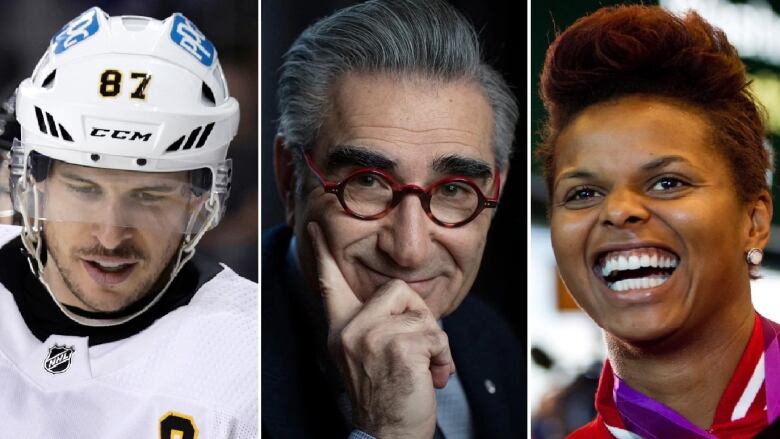 Hockey player Sidney Crosby (right), actor and comedian Eugene Levy (centre) and former Team Canada soccer goalkeeper and broadcaster Karina Lelanc (right)