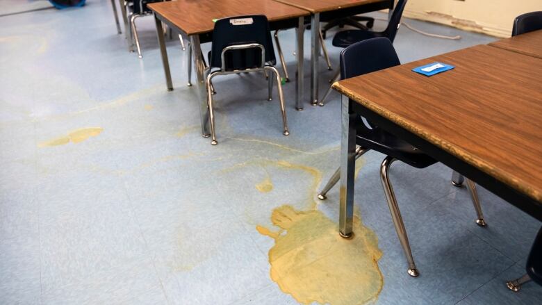 Dark brown stains are visible beneath desks in a classroom.