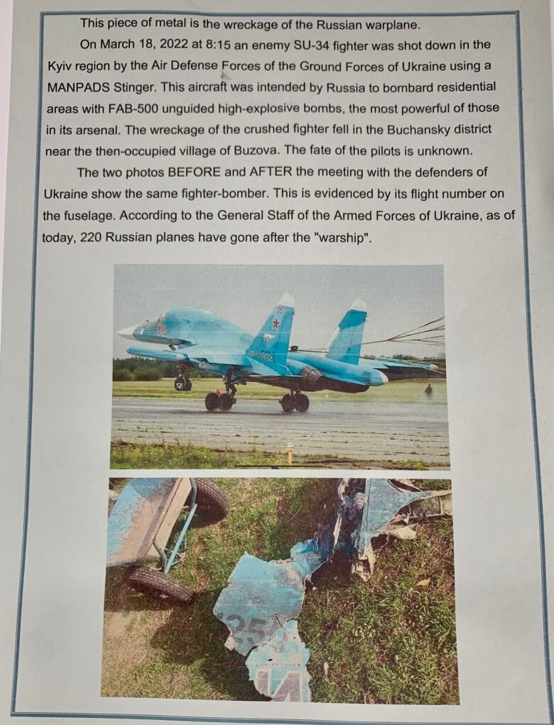 Piece of paper with writing in the first one-third, a picture of a blue aircrafts in the middle and pieces of metal on the bottom portion of the paper