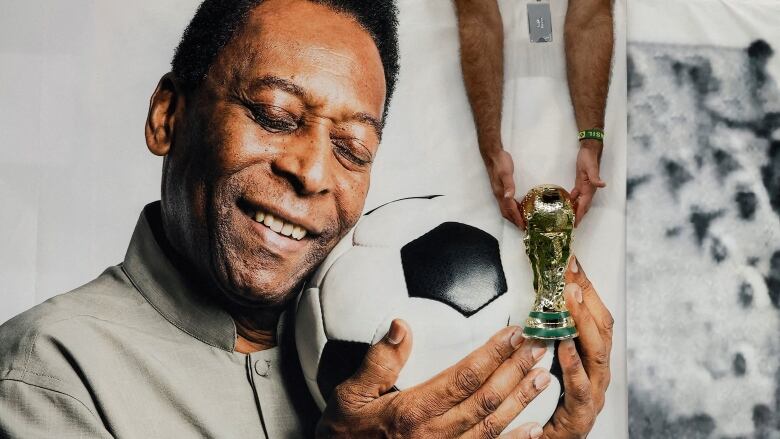 A banner with the image of soccer legend Pele is seen inside Lusail Stadium in Qatar.