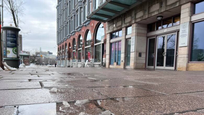 Snow melts on the Spark St. cobblestones in downtown Ottawa.