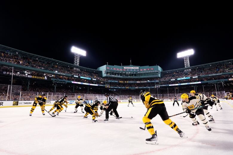 The image shows a general view of a baseball stadium in which a hockey game is conducted. The picture is taken from the side of the rink and shows two big light stands above the audience in the back. An official is the most preeminent character in the picture as he's centralized and looking at a faceoff. 