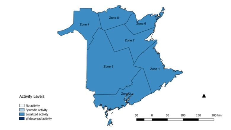 A map of New Brunswick, divided by health zone, with all zones shaded the same colour of blue.