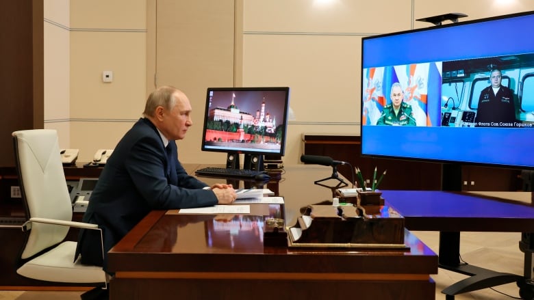 Russian President Vladimir Putin attends a videoconference. 