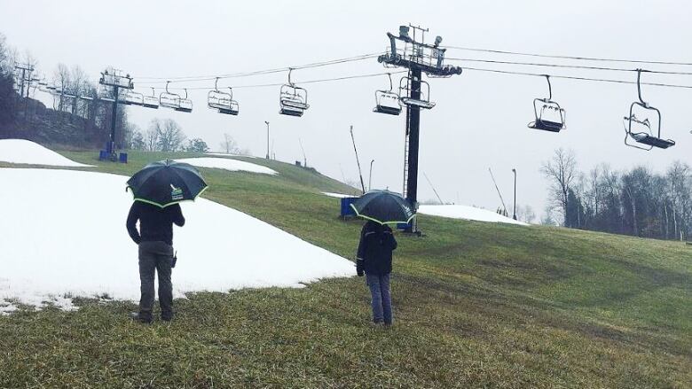 Two people holding umbrellas look away from the camera at empty ski lifts. They're standing on grass with a little bit of snow off to the side.