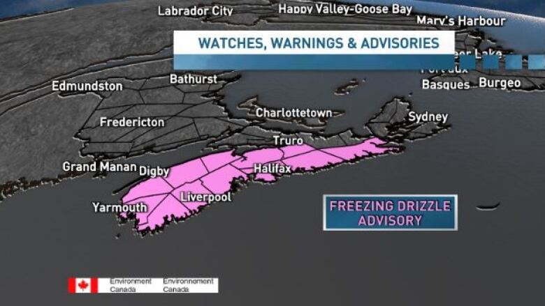 A map of the Maritimes shows a large section of Nova Scotia highlighted in pink, showing the area where a freezing drizzle advisory is in effect.