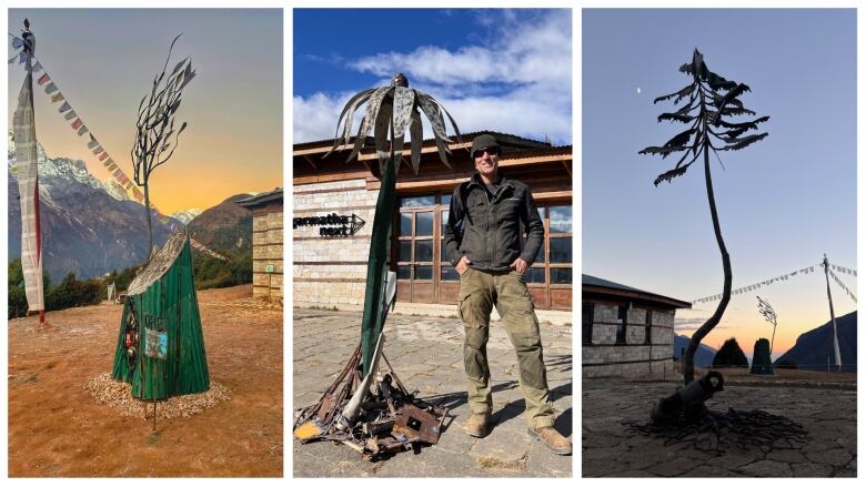 Three photos in a collage of tree sculptures made from scrap metal.