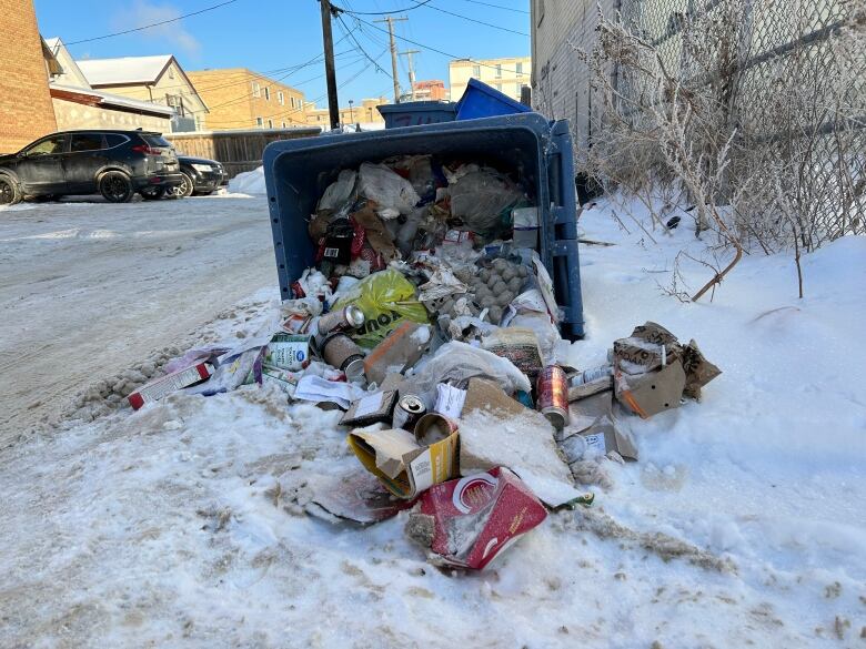 A blue recycling bin has been tipped over and garbage is spilling onto the ground.