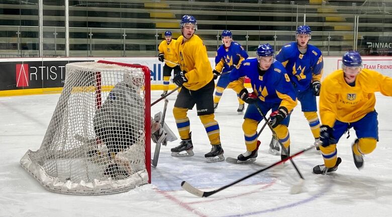 Five hockey players scramble for the puck in front of the goal post.