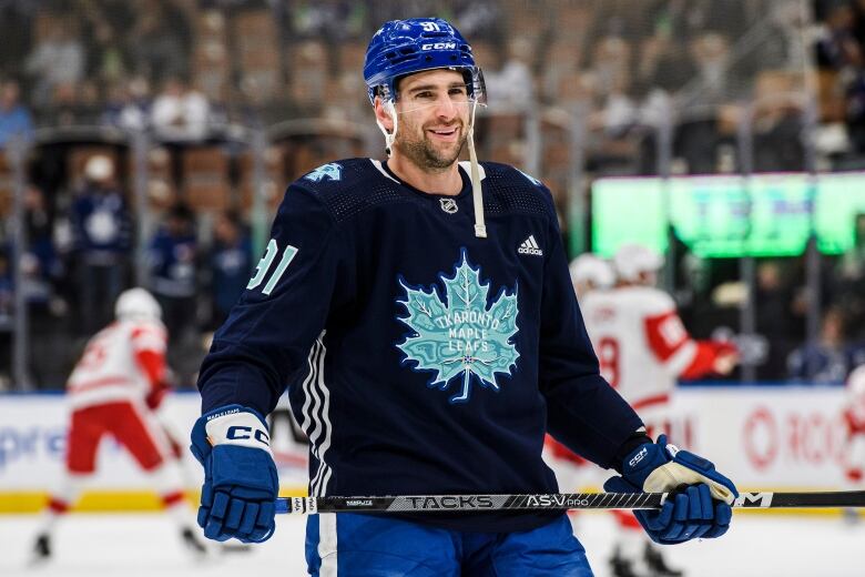 Toronto Maple Leafs centre John Tavares warms up in a limited edition jersey designed by Tyler Tabobondung Rushnell, a 23-year-old Anishinaabe artist, for Indigenous celebration day.