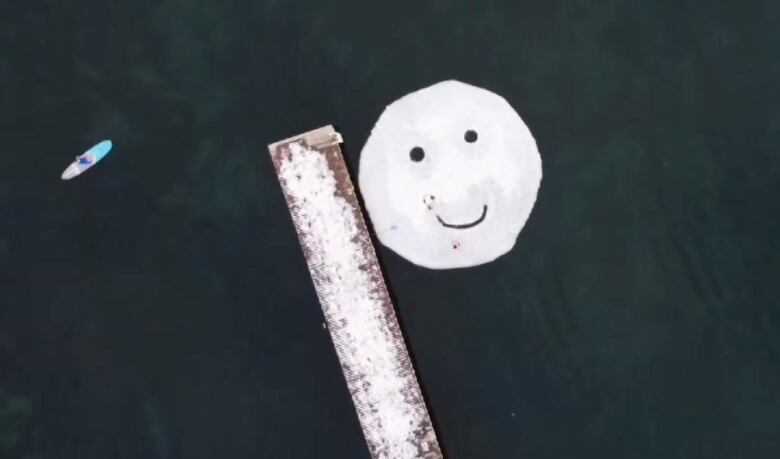 A 10-metre round block carved into a smiley face ice floats on a dark background.