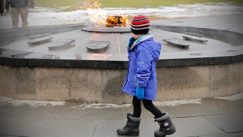 A child in a purple coat and mittens looks at a fire in a decorative stone ring.