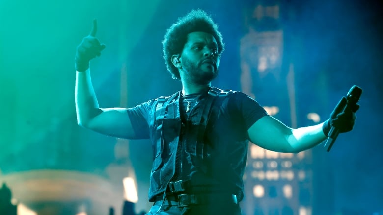 The Weeknd performing at a concert.