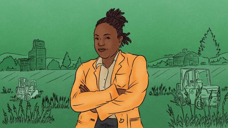 Illustration of a woman wearing a gold-coloured suit jacket standing with folded arms before a background representing farm fields and machinery.