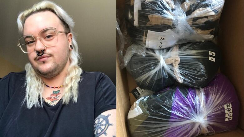 On the left: a person with long, blond hair and glasses and wearing a black t-shirt On the right: a cardboard box filled with plastic bags of chest binders