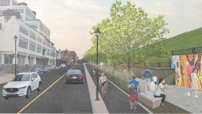 A rendering shows people walking around Brunswick Street, sitting on benches, riding in the new bike lane that is separated from a sidewalk by trees. Public art is installed on the wall in front of Citadel Hill.