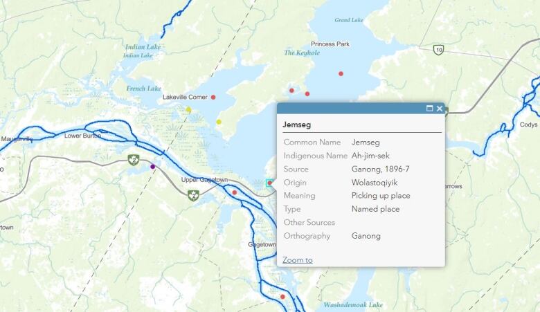 map with pop up box showing Indigenous place name 