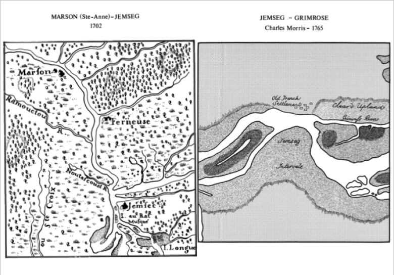 Two hand-drawn maps of Jemseg area from 1702 and 1765 