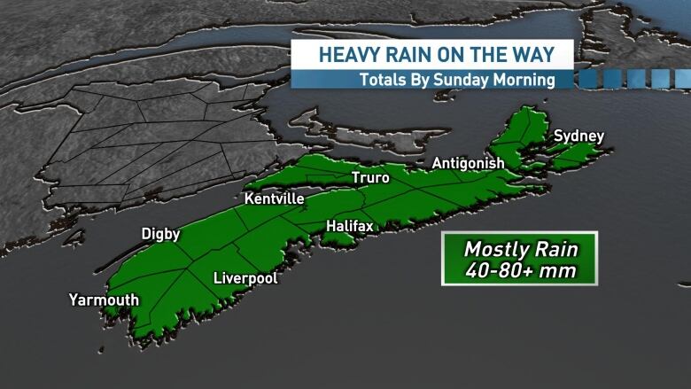 Nova Scotia can expect a widespread 40 to 80 mm of rain by Sunday morning.