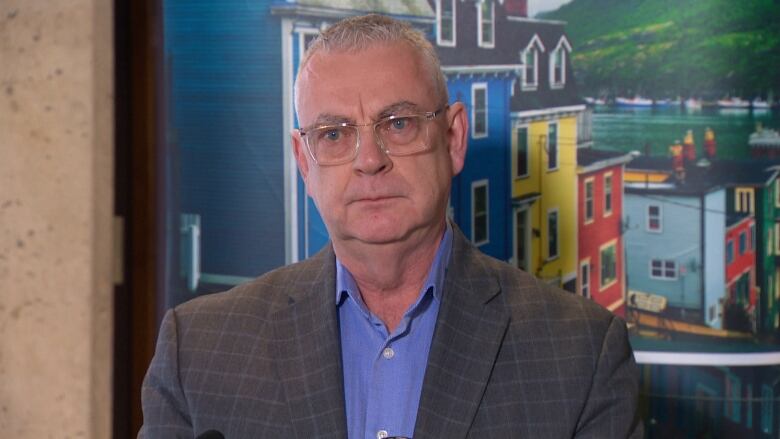 A man wearing a grey blazer with a blue shirt stands in front of a painting of the Jellybean Row houses in St. John's.