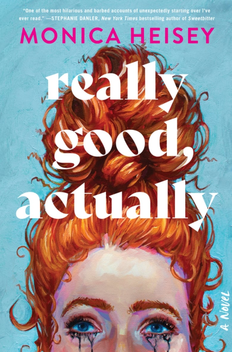 The book cover is an illustration of a the top half of a white woman's face set against a blue background. She is crying mascara-soaked tears and her ginger hair is in a big bun on top of her head. 