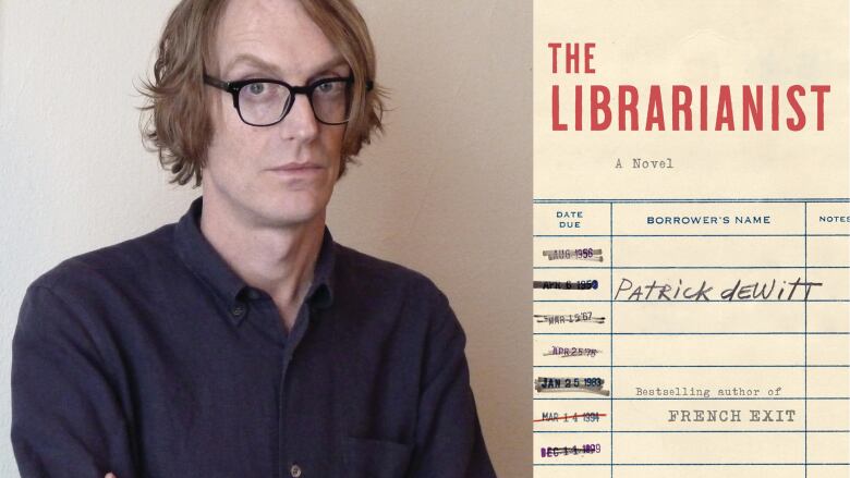 A composite photo of a book cover that looks like an old library card and a photo of the author, a middle-aged man with short blond hair and glasses.