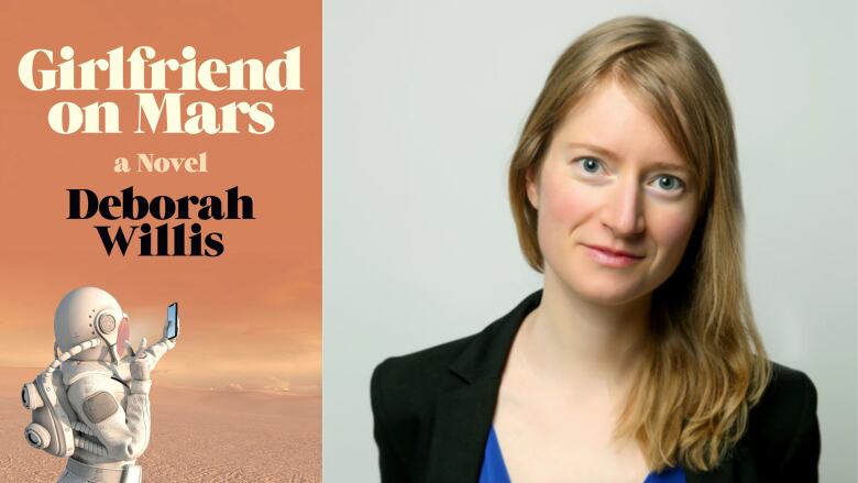 A composite photo of a book cover featuring an astronaut standing on the surface of Mars and the book's author, a blond woman in a black blazer staring into the camera.