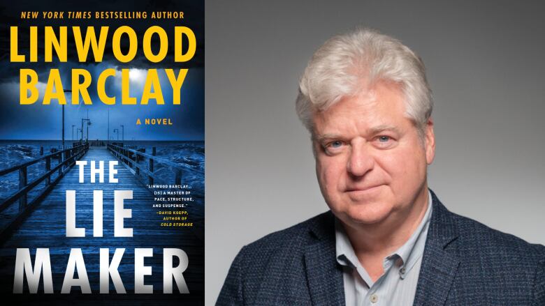 A composite photo of a book cover featuring a boardwalk on a beach and the book's author, a grey haired man wearing a suit.