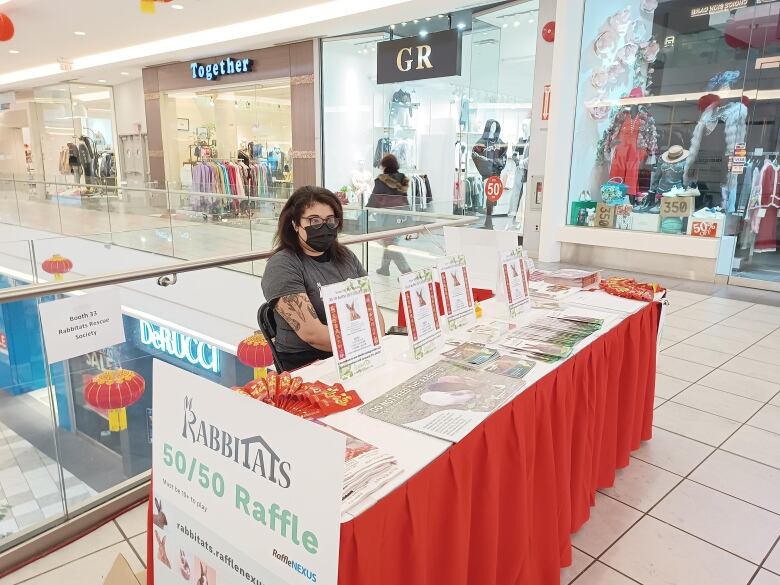 A masked woman sits at a table in a mall, with a sign nearby reading 'Rabbitats 50/50 Raffle'.